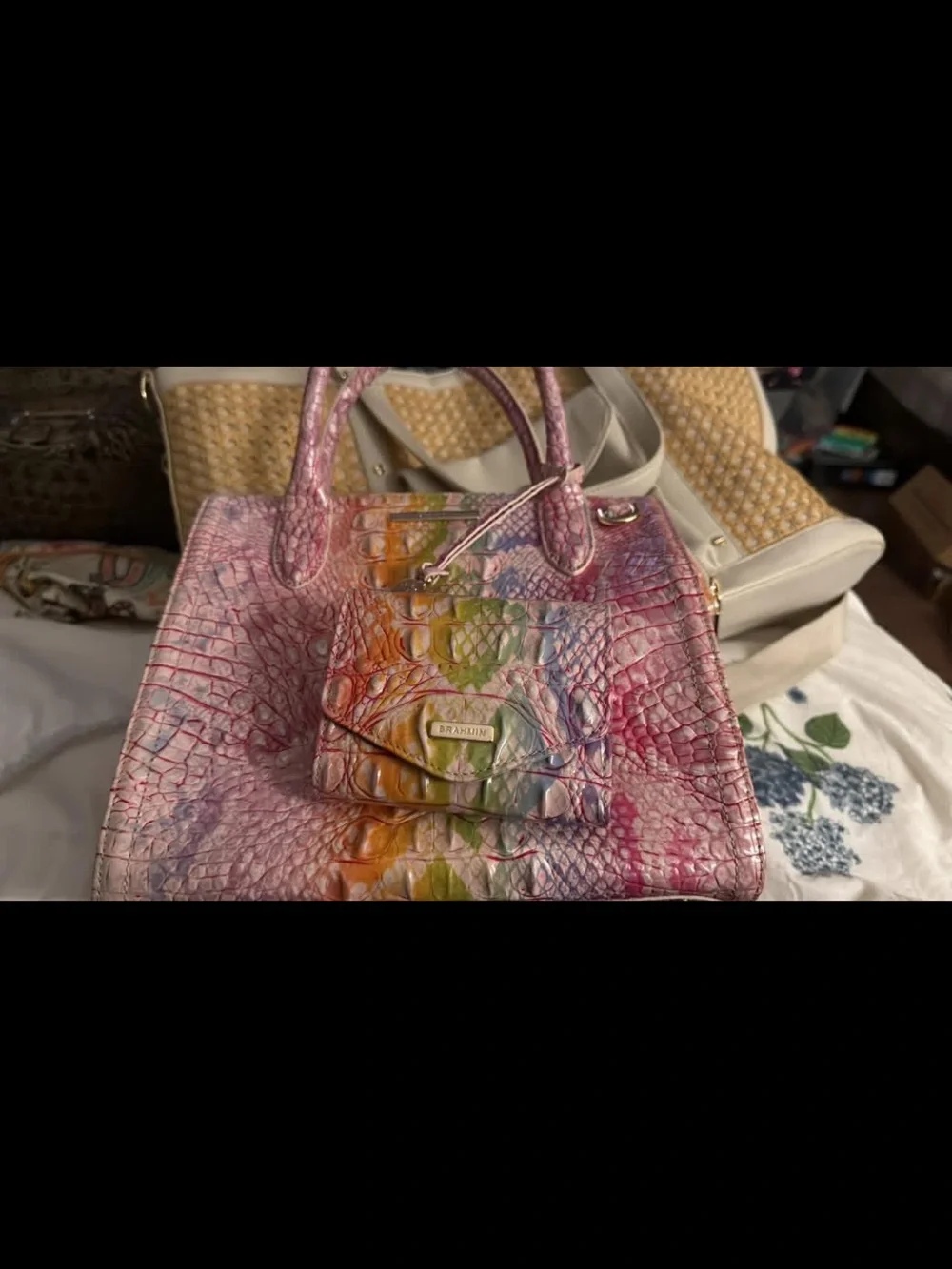 Brahmin Pink Multi Croc-Embossed Rainbow Satchel